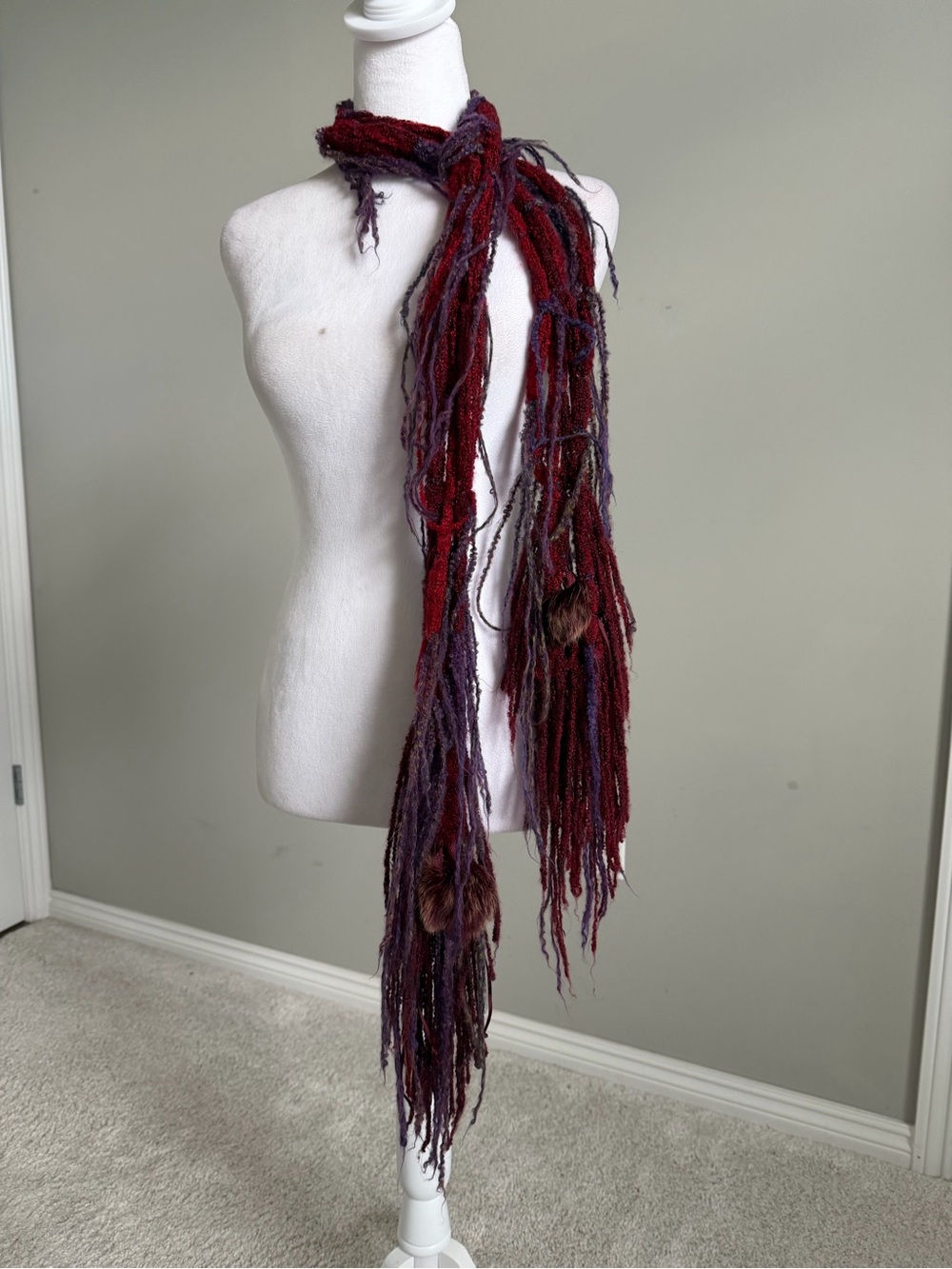 Hand Crafted Burgundy and Purple Long Fringe Knit Scarf
